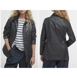 Barbour Women's Black Beadnell Water Resistant Waxed Cotton Wax Jacket Size 10